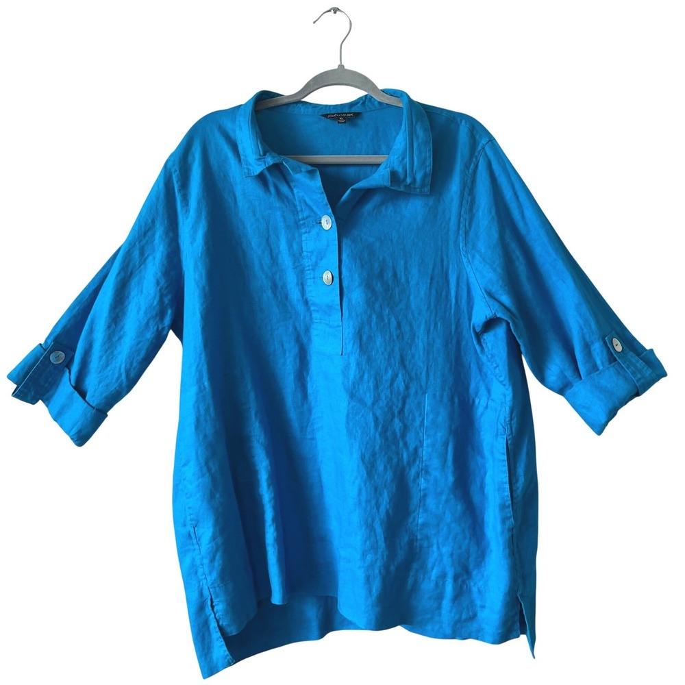 John Mark Womens XL Blue 100% Linen Roll Tab Sleeve Pocket Tunic Top Pullover